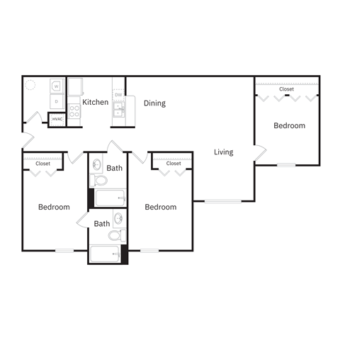 Floor plan for 3 beds, 2 baths, 1110 sqft